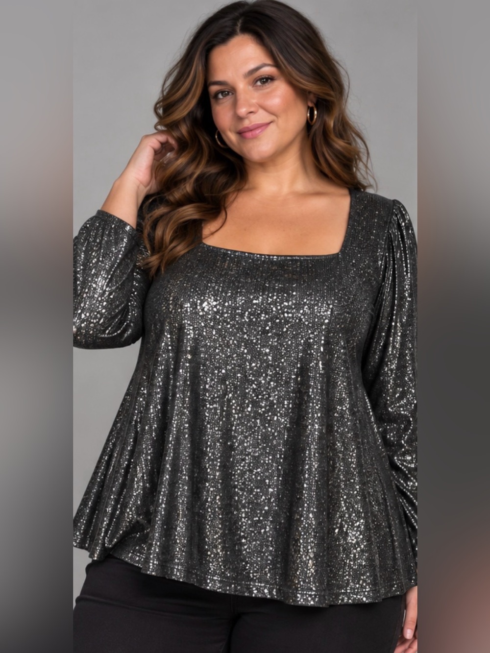Lane Bryant Silver-Black Metallic Square Neck Top
